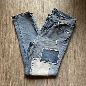 GAP Light Wash Distressed Rips Patchwork Mid-Rise Skinny Denim Jeans Size 27